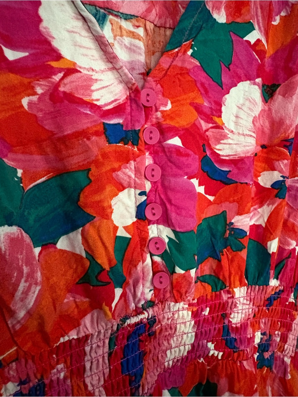 Abel the Label Pink Floral High Low Midi Dress L Flutter Sleeve Smocked Waist - Picture 6 of 9